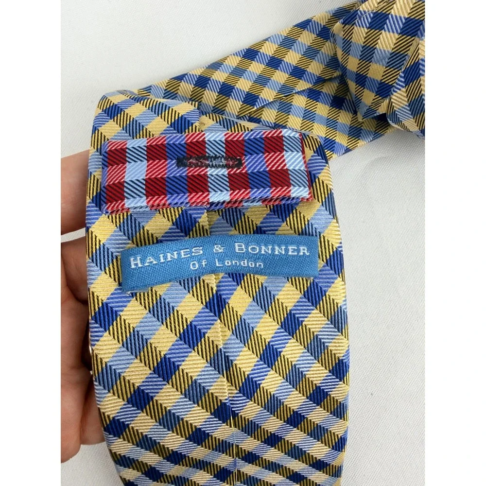 Haines & Bonner‎ London Silk Tie Yellow Blue Gingham Check Handmade Mens